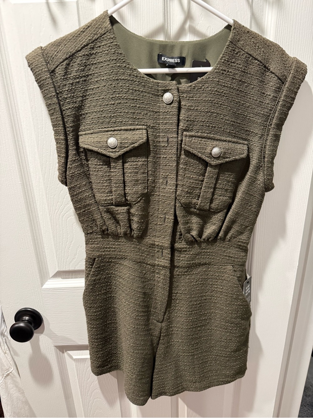 Express Olive Textured Sleeveless Romper with Front Flap Pockets